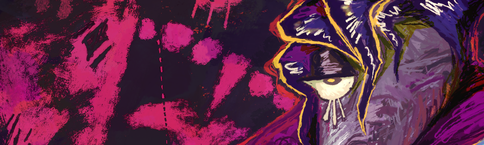 Banner artwork of a close-up of a character's eye next to a textured, black and pink painting of teeth.