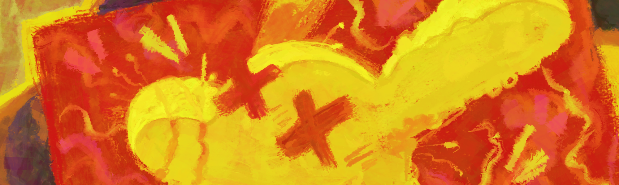 Banner art showing the head of a bright yellow rabbit character with crossed out eyes.