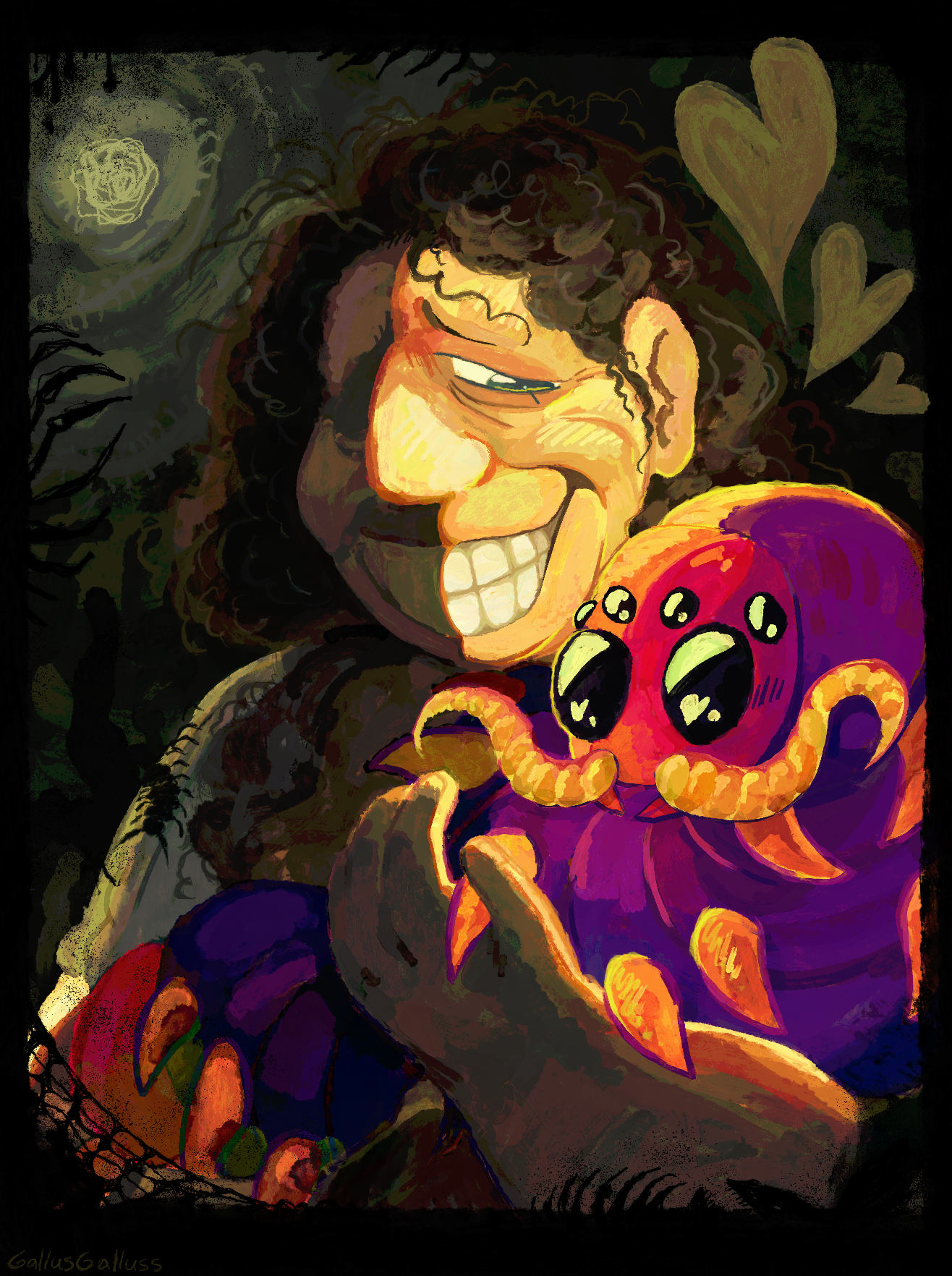 Illustration of a woman holding a cartoony cute centipede.