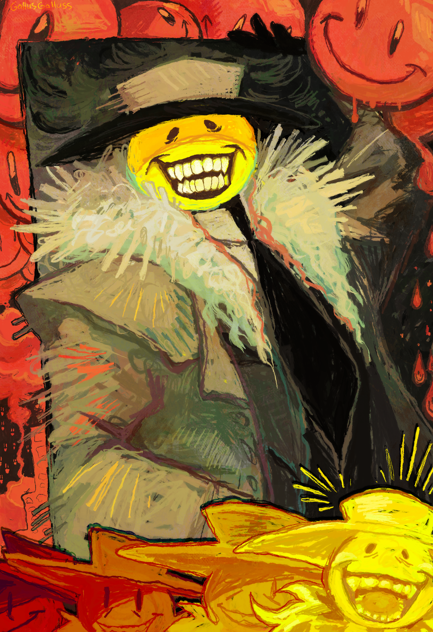 Illustration of a smilely faced character in a trench coat.