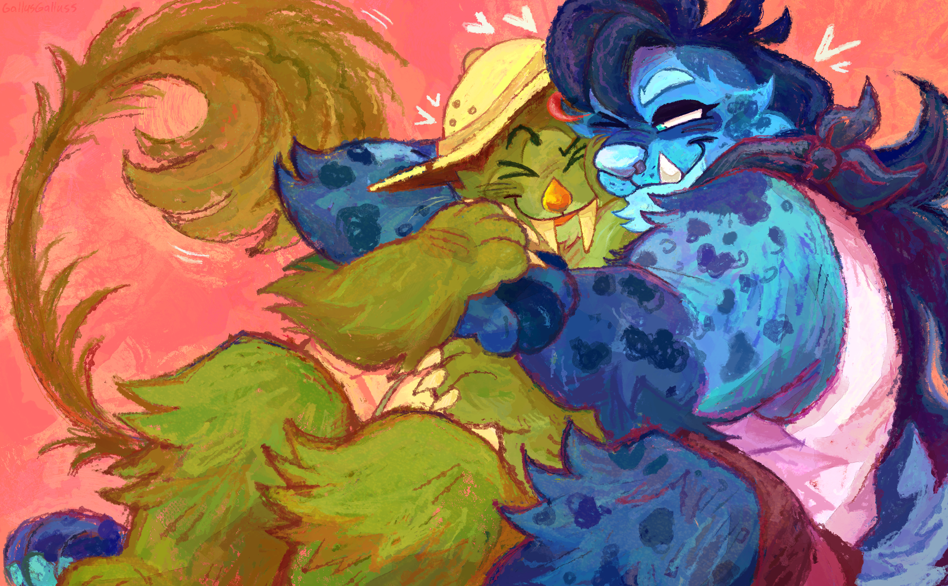 Illustration of two grumpuses cuddling.