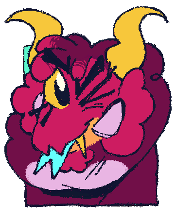 A fluffy pink chicken-like creature with curved yellow horns and fangs.