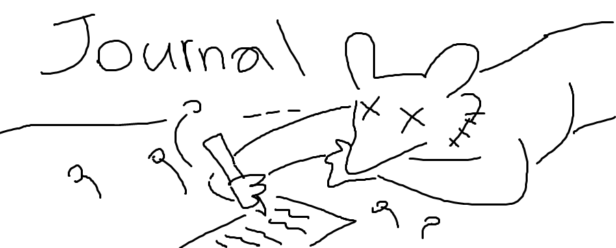 Placeholder doodle of an anthro rabbit with crossed out eyes lying down and writing.